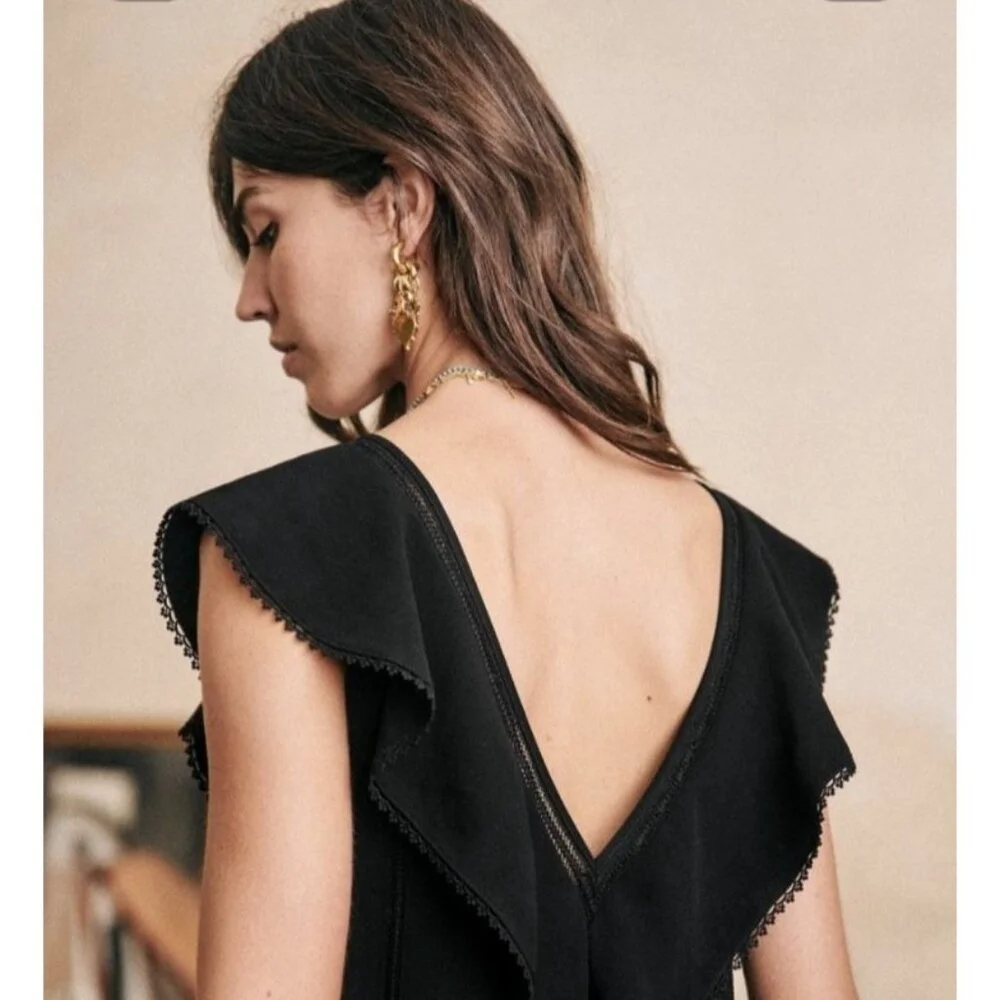 Sézane Black Sleeveless Ruffle V-Neck Dress Size 40 / M Elegant Parisian Style - Picture 7 of 10